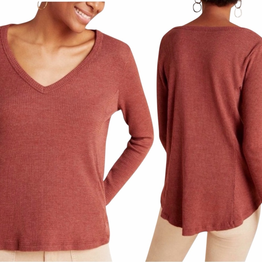 Anthropologie t.La Vicky Waffle Knit Thermal V-Neck Top Rust XS